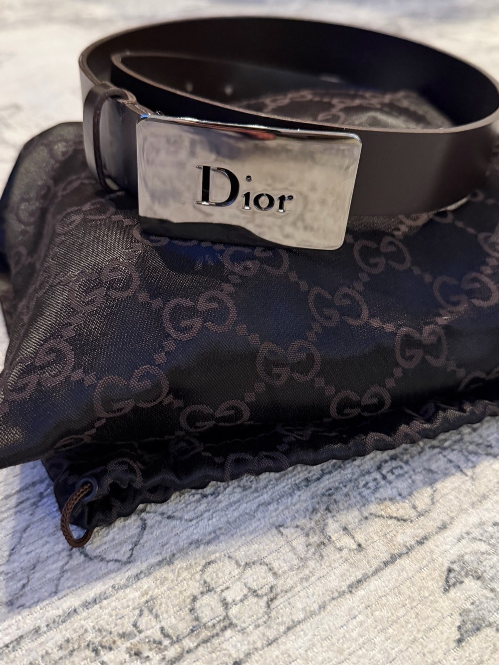 Dior Brown Leather Belt with Silver Dior Plaque